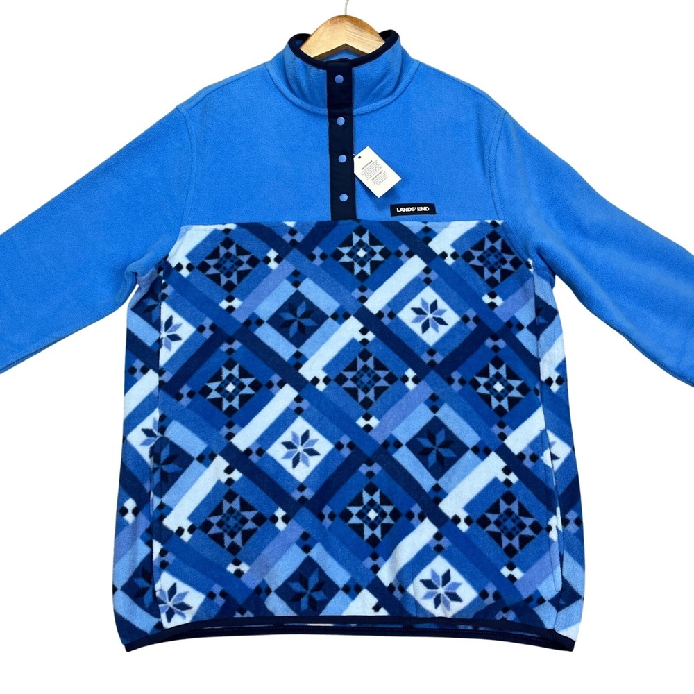 Lands End Heritage Pullover Womens S 6-8 Blue Long Sleeve Fleece Snap Neck NEW